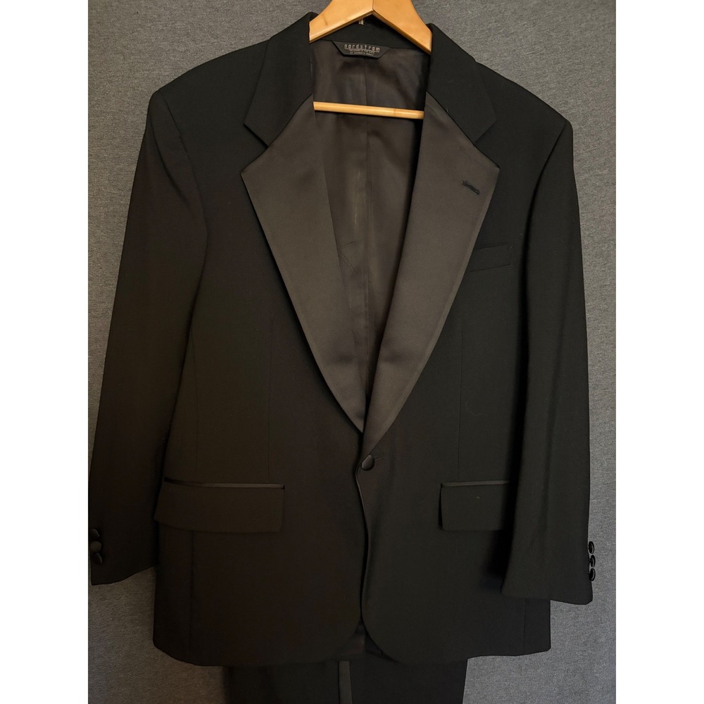 Nordstrom Black 2 Piece Tuxedo 41R 36 wool Suit Notch Lapel Satin Formal Wedding - Picture 2 of 16